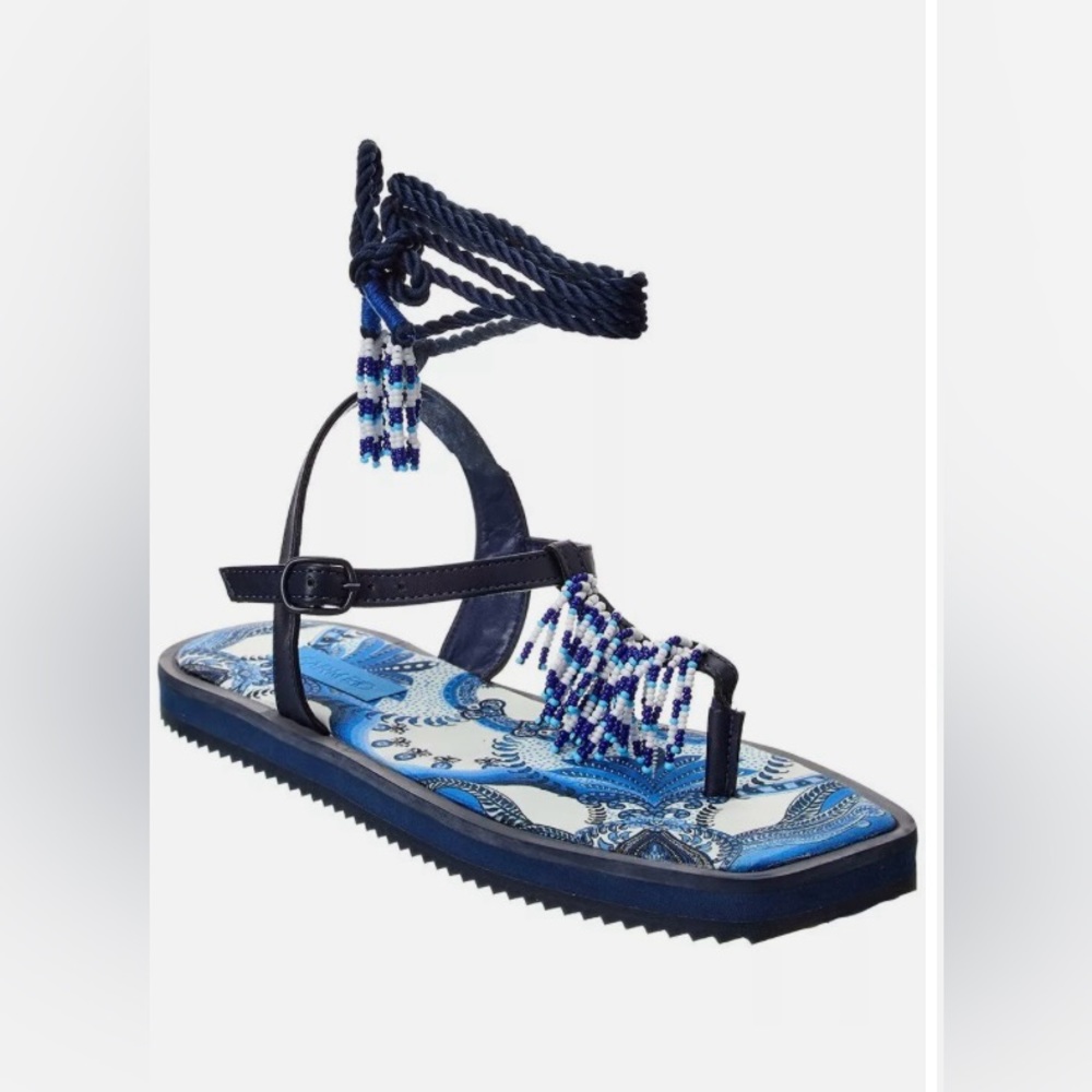 Farm Rio Navy Blue Tile Beaded Flat Thong Slingback Ankle Rope Tie Sandal